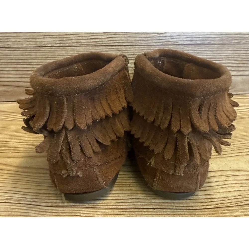 Minnetonka‎ Moccasins Brown Double Fringe Leather Bootie Ankle Boots Girls Sz 3